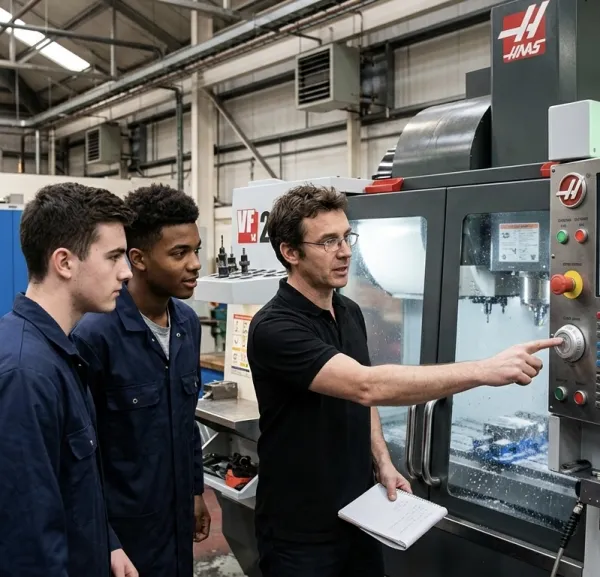CNC milling machine cutting precision components in a Cambridgeshire engineering facility