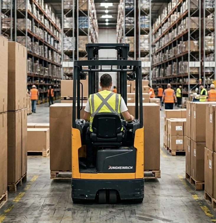 Reach truck operator in a high-bay warehouse in Peterborough