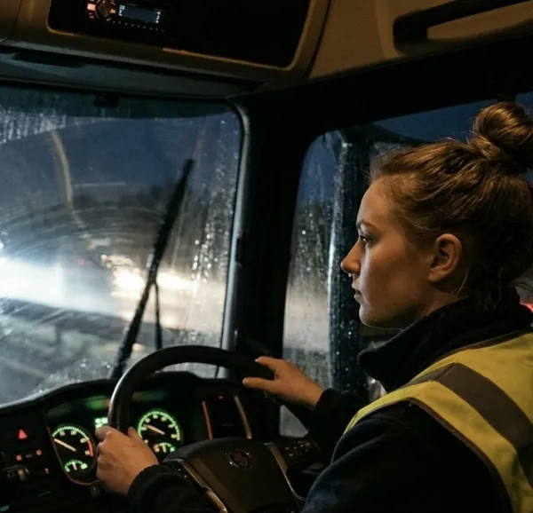 HGV driver checking vehicle compliance before departing a Peterborough depot