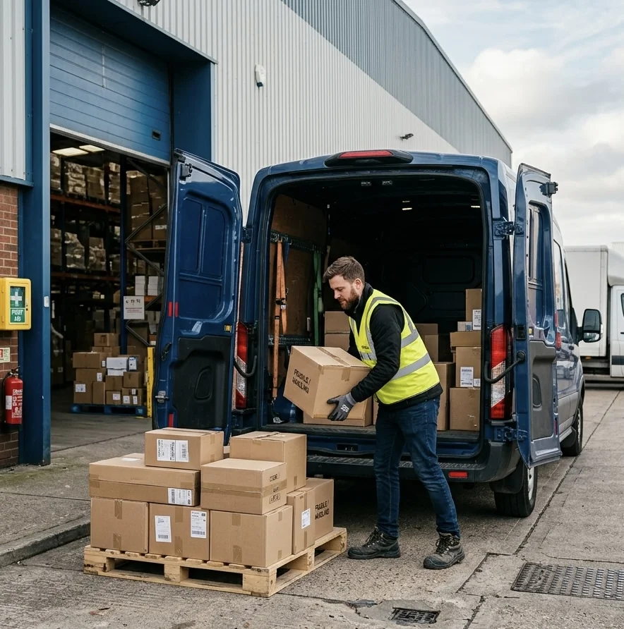 Transport planner reviewing fleet operations at a Peterborough depot