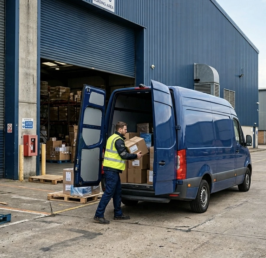 Delivery driver loading parcels into a van at a UK logistics depot