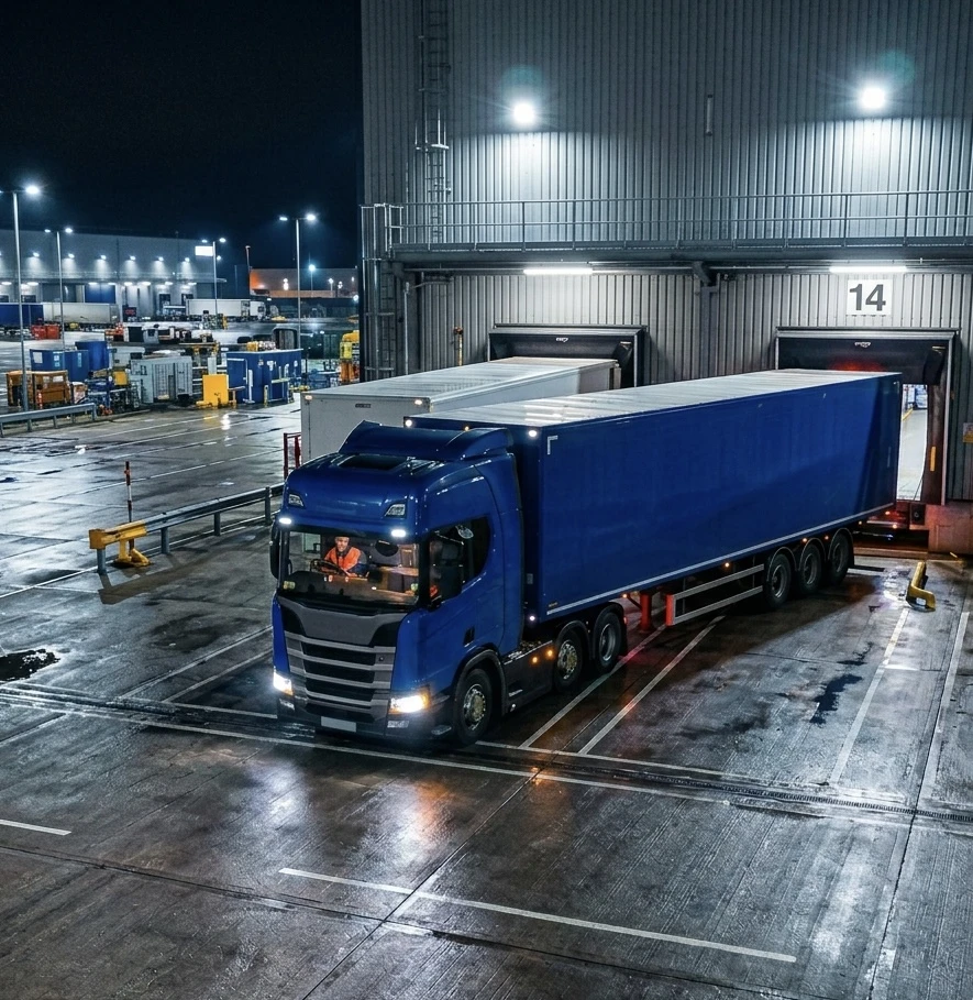 HGV lorry reversing into a loading bay at a distribution centre at night