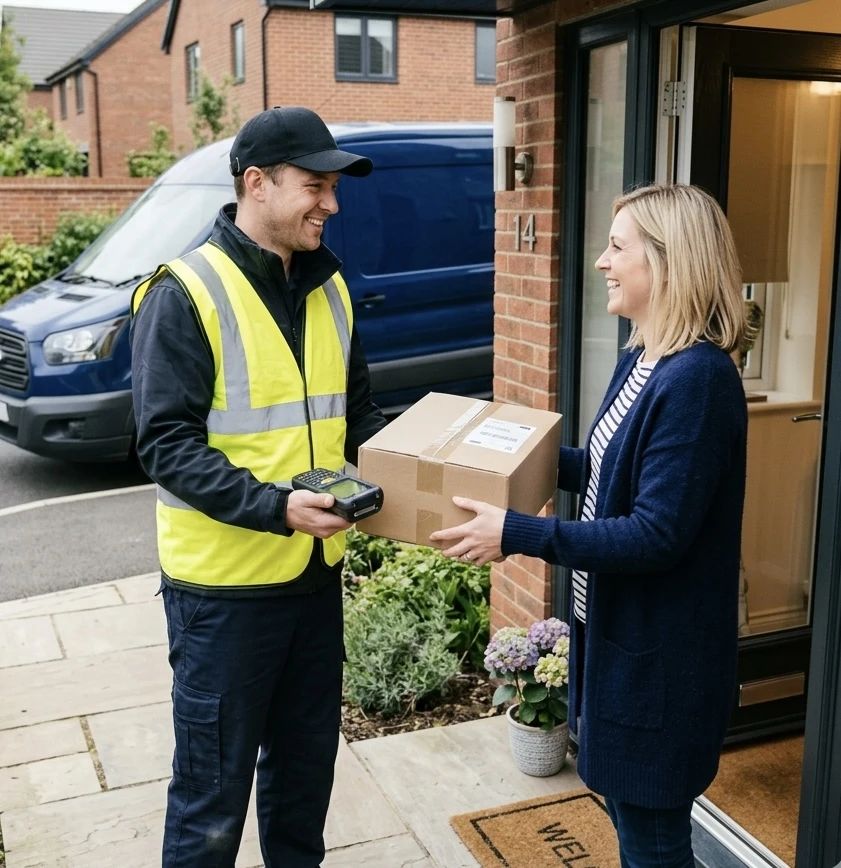 Courier delivering a parcel to a customer at their front door