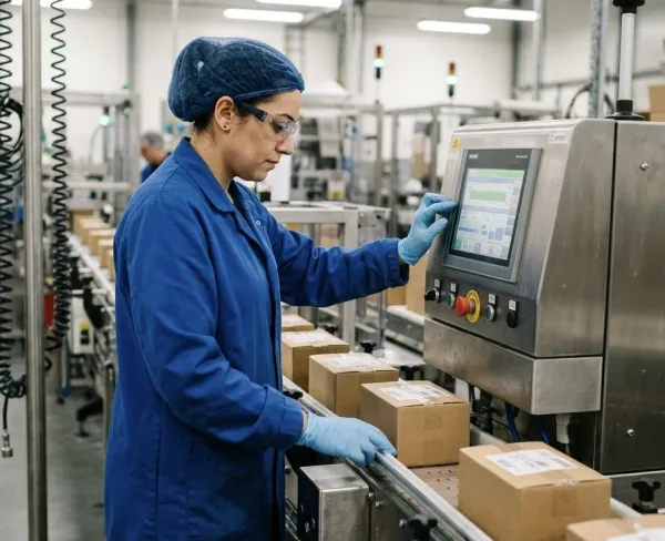 Machine operative monitoring a production line in a Cambridgeshire factory
