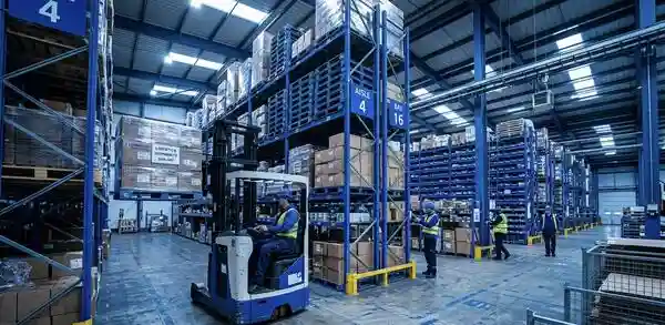 Warehouse operative picking stock in a UK distribution centre