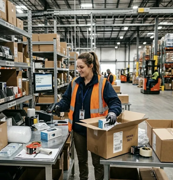 Warehouse operative moving stock through a busy fulfilment centre in Cambridge