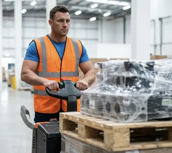 Warehouse operative moving stock through a busy fulfilment centre in Peterborough