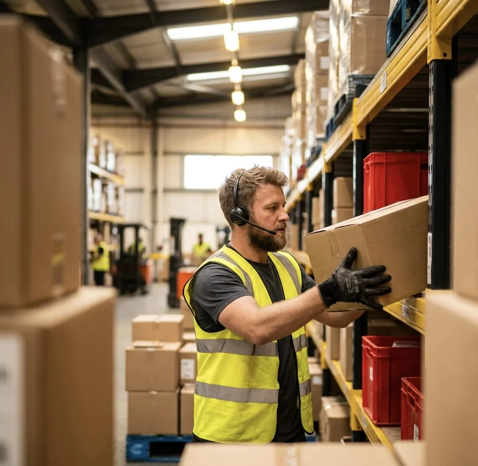 Warehouse operative picking stock in a Peterborough distribution centre