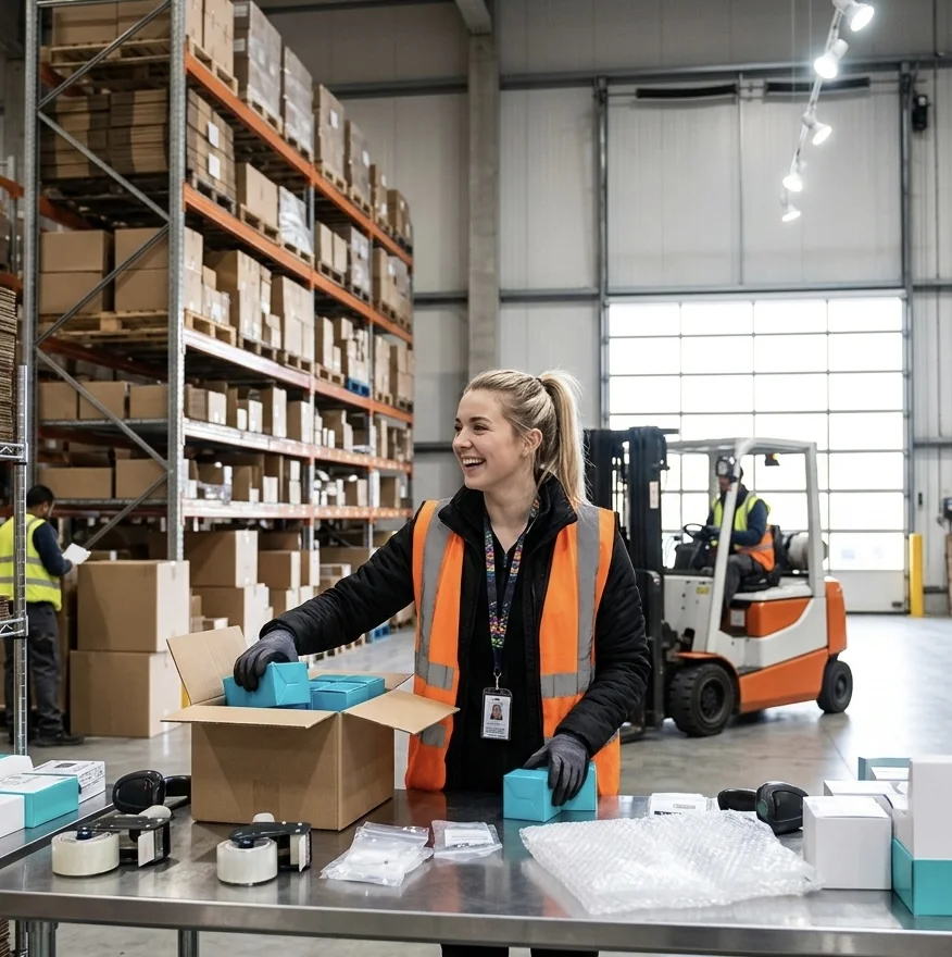 Warehouse supervisor checking stock in a Peterborough distribution centre